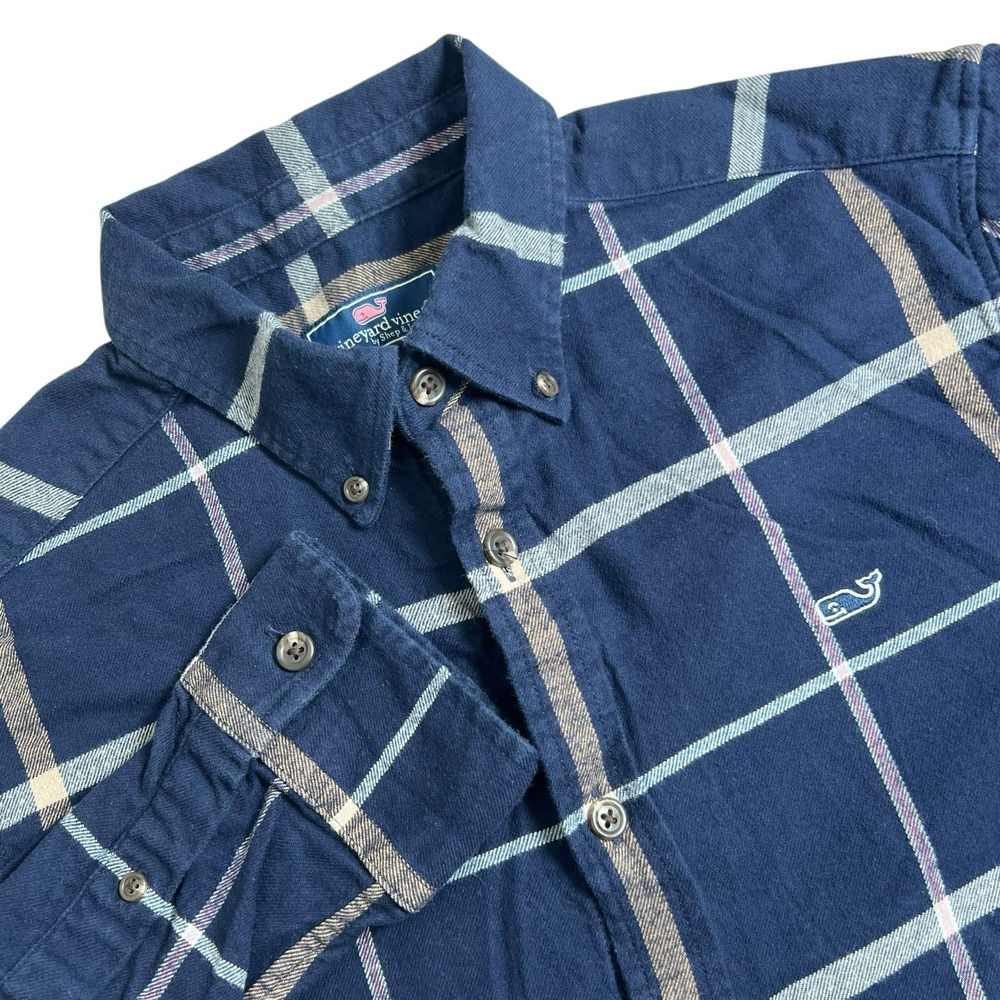 Vineyard Vines Men Medium Blue Plaid Long Sleeve Button Down Plaid Flannel Shirt